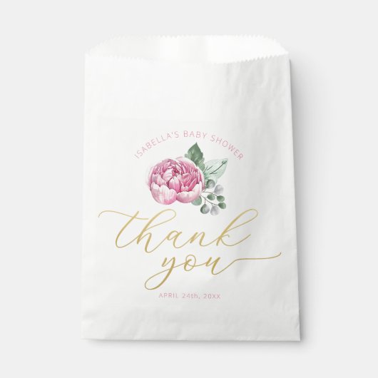 Pink Floral und Gold Script Baby Dusche Vielen Dan Geschenktütchen (Vorderseite)
