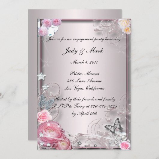 Pink, floral und Schmetterling: Engagement einlade Einladung (Vorne/Hinten)