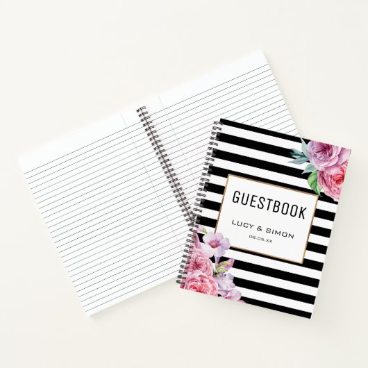 Pink Floral und Stripes Notebook Gästebuch Notizbuch (Innenseite)