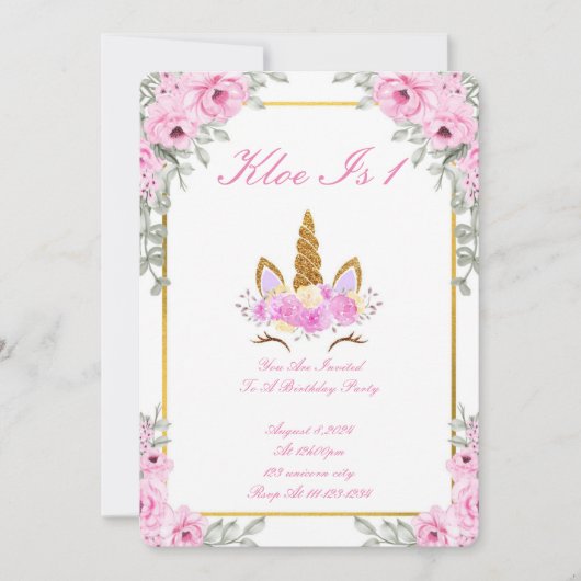 PINK FLORAL UNICORN BIRTHDAY PARTY INVITATION EINLADUNG (Vorderseite)