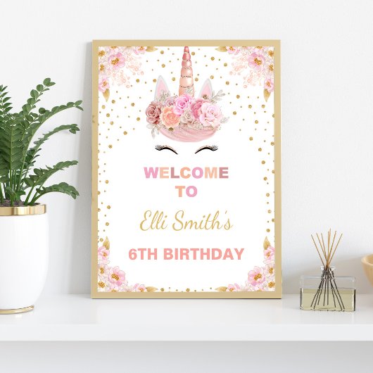 Pink Floral Unicorn Geburtstagsparty Begrüßung Unt Poster