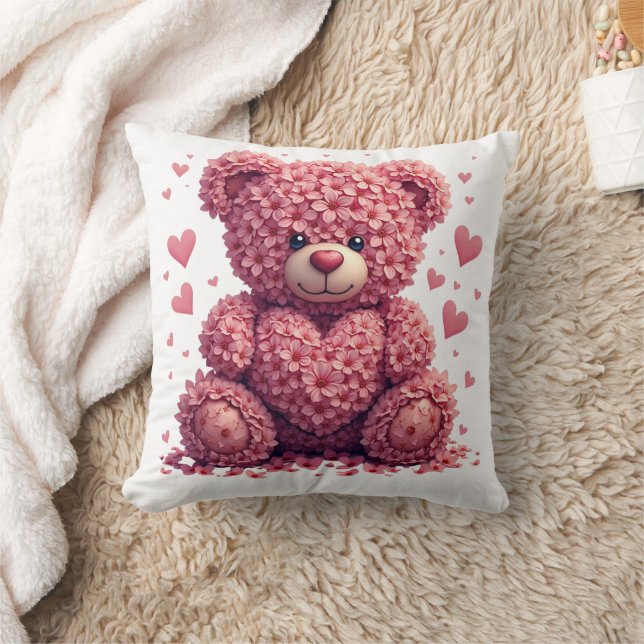Pink Floral Valentine Teddy Bear Kissen (Decke)