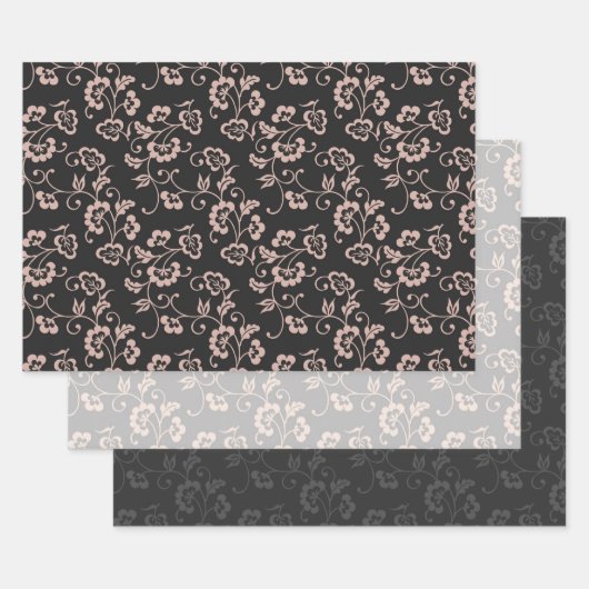 Pink Floral Vine Pattern on Brown, Gray & White Geschenkpapier Set (Set)