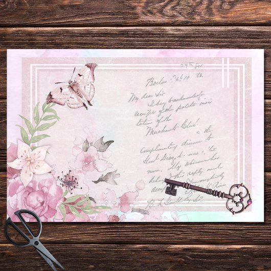 Pink Floral Vintag Handwriting Ephemere Decoupage Seidenpapier
