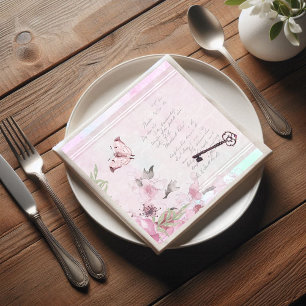 Pink Floral Vintag Handwriting Ephemere Decoupage Serviette