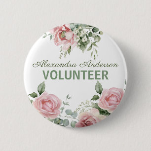Pink Floral Volunteer Button