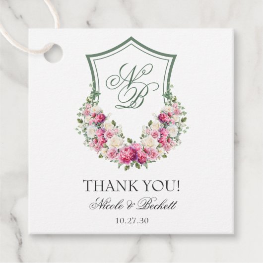 Pink Floral Wappen Hochzeit Vielen Dank Geschenkanhänger (Vorderseite)
