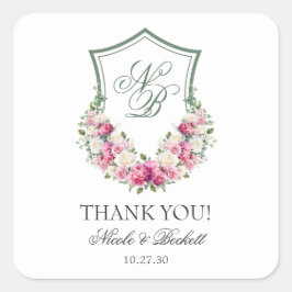 Pink Floral Wappen Hochzeit Vielen Dank Quadratischer Aufkleber
