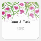 Pink Floral Wasserfarbe Handgestrichen Quadratischer Aufkleber (Vorderseite)