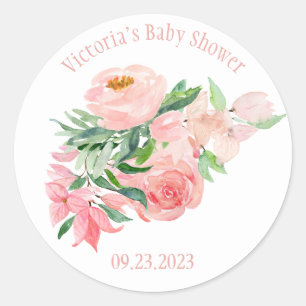 Pink Floral Wasserfarbe Name Datum Mädchen Kinder Runder Aufkleber