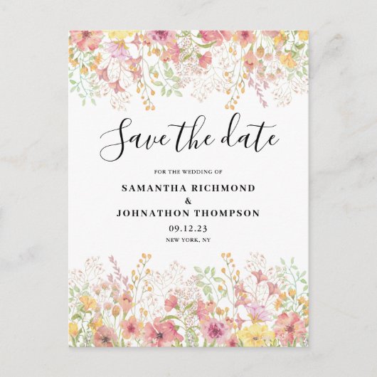 Pink Floral Wasserfarbe Save the Date Ankündigungspostkarte (Vorderseite)