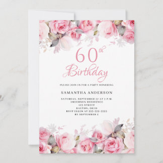 Pink Floral Watercolor 60. Geburtstag Einladung