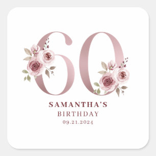 Pink Floral Watercolor 60. Geburtstag Quadratischer Aufkleber