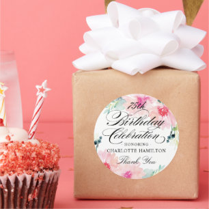 Pink Floral Watercolor 75. Geburtstagsfeier Runder Aufkleber