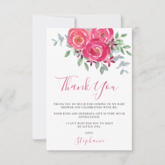 Pink Floral Watercolor Babydusche Dankeskarte (Vorderseite)
