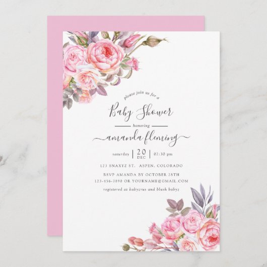 Pink Floral Watercolor Babydusche Einladung (Vorne/Hinten)