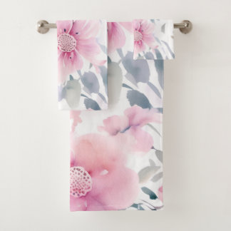 Pink Floral Watercolor Badhandtuch Set