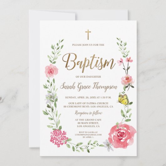 Pink Floral Watercolor Baptism Gold Cross Script Einladung (Vorderseite)