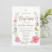 Pink Floral Watercolor Baptism Gold Cross Script Einladung (Stehend Vorderseite)
