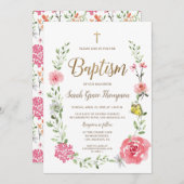 Pink Floral Watercolor Baptism Gold Cross Script Einladung (Vorne/Hinten)