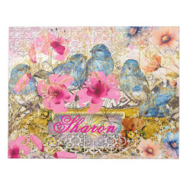 Pink Floral Watercolor Blue Bird Name Lace Collage Notizblock