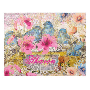 Pink Floral Watercolor Blue Bird Name Lace Collage Notizblock