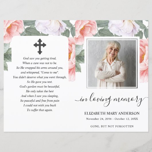 Pink Floral Watercolor Foto Beerdigung Vollprogram (Vorderseite)