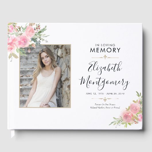 Pink Floral Watercolor Gedenkfeier Service Beerdig Gästebuch (Vorderseite)