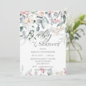 Pink Floral Watercolor Grüne Kinderdusche Einladung (Stehend Vorderseite)