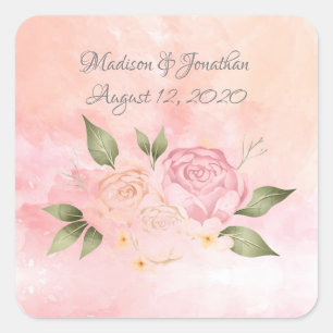 Pink Floral Watercolor Hochzeit Quadratischer Aufkleber