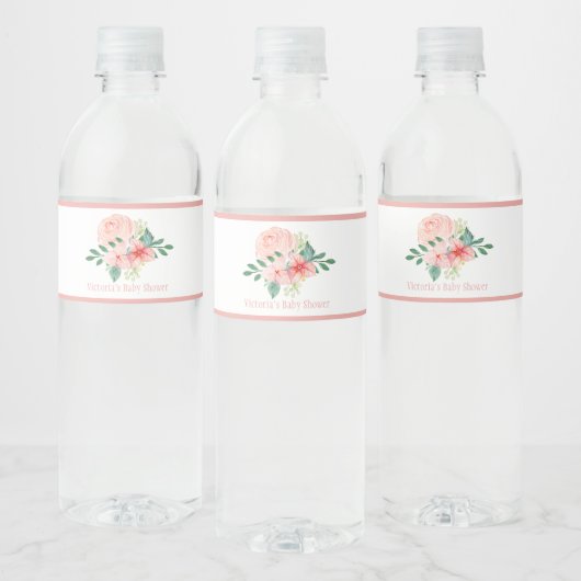 Pink Floral Watercolor Name Baby Girl Dusche Wasserflaschenetikett (Flaschen)