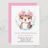 Pink Floral Watercolor Otter Girl Babydusche Einladung (Vorne/Hinten)