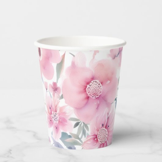 Pink Floral Watercolor Pappbecher (Vorderseite)