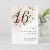 Pink Floral Watercolor Sweet 16 Birthday Party Einladung (Stehend Vorderseite)