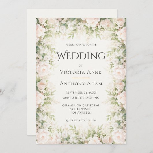 Pink Floral Watercolor Wedding  Einladung (Vorne/Hinten)