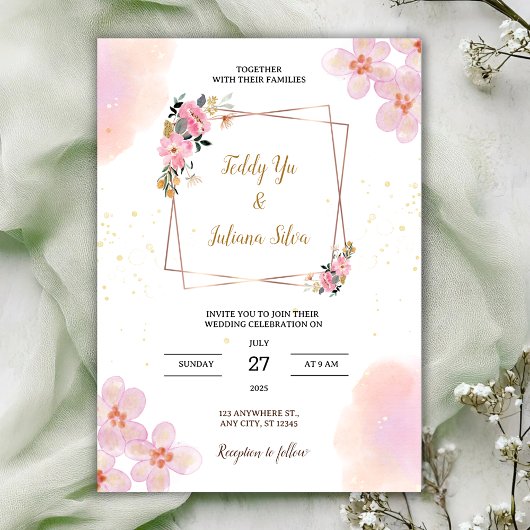 Pink Floral Watercolor Wedding Invitation Einladung