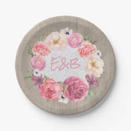 Pink Floral Watercolor Wreath Rustic Wood Wedding Pappteller