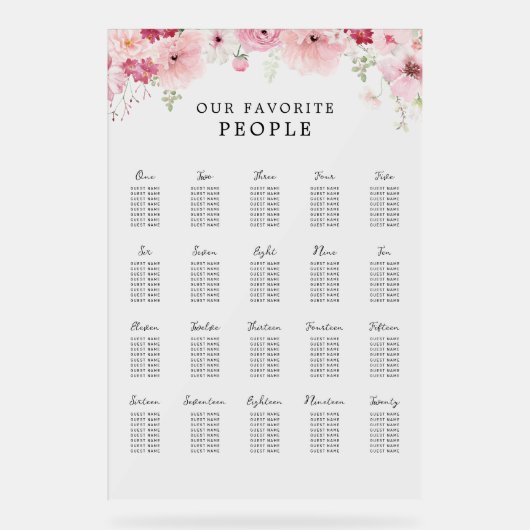 Pink Floral Wedding 20 Table Seating Chart Acrylschild (Vorderseite)
