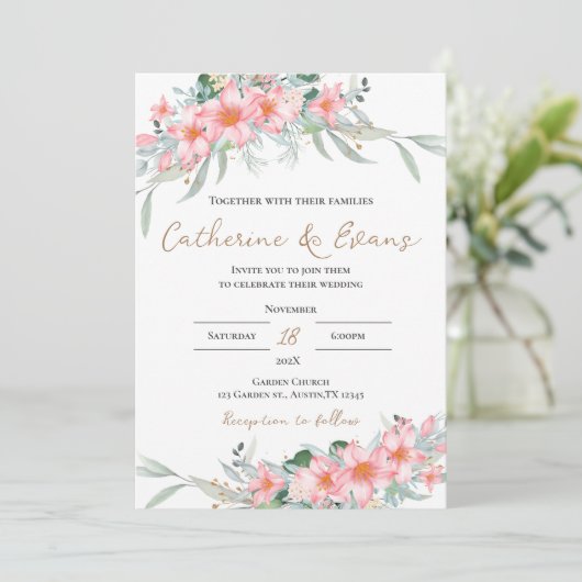 Pink FLoral Wedding Einladung (Stehend Vorderseite)
