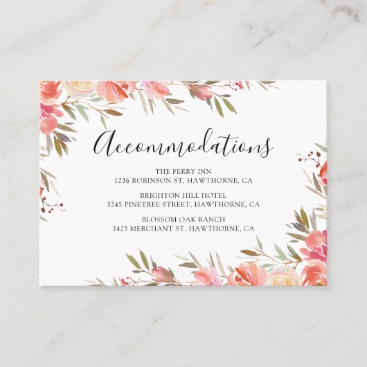 Pink Floral Wedding Hotel Unterkunft Visitenkarte (Vorderseite)