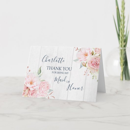 Pink Floral Wedding Maid of Honor Thank You Dankeskarte (Vorderseite)
