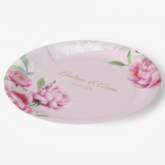 Pink Floral Wedding  Pappteller (Schrägansicht)