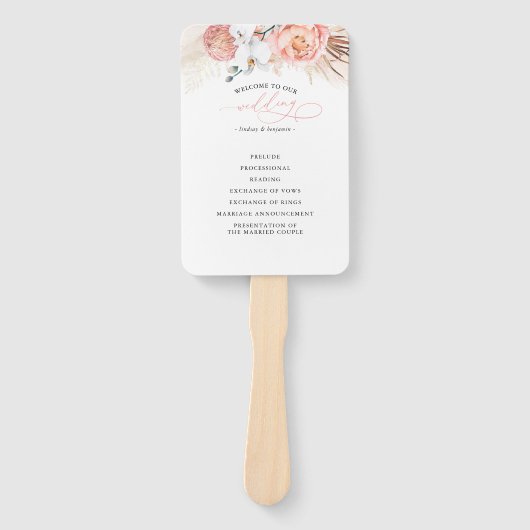 Pink Floral Wedding Program Hand Fan Fächer (Vorderseite)