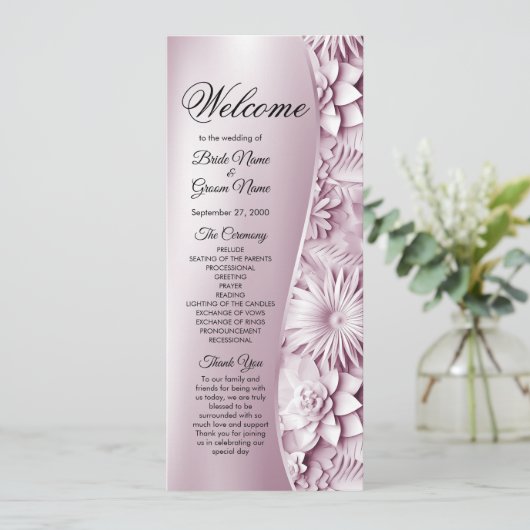 Pink Floral Wedding Program Programm (Stehend Vorderseite)