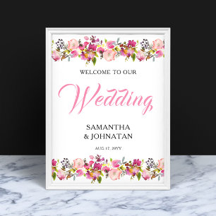 Pink Floral Wedding Willkommensschild Poster