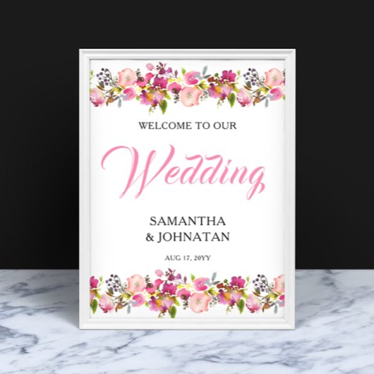 Pink Floral Wedding Willkommensschild Poster