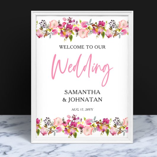 Pink Floral Wedding Willkommensschild Poster