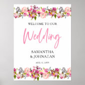 Pink Floral Wedding Willkommensschild Poster (Vorne)