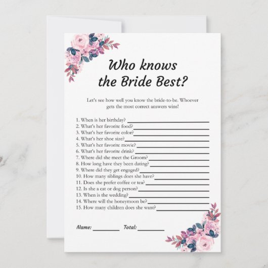 Pink Floral Wer kennt die Bride Best Game Cards Einladung (Vorderseite)