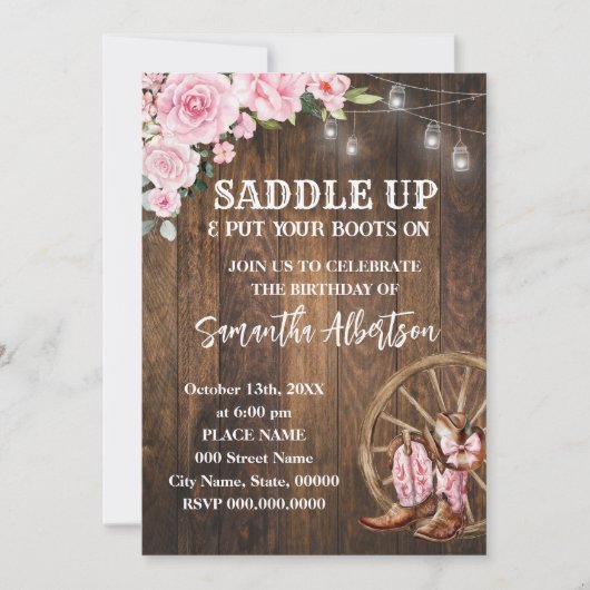 Pink Floral Western Cowgirl Birthday Country Einladung (Vorderseite)